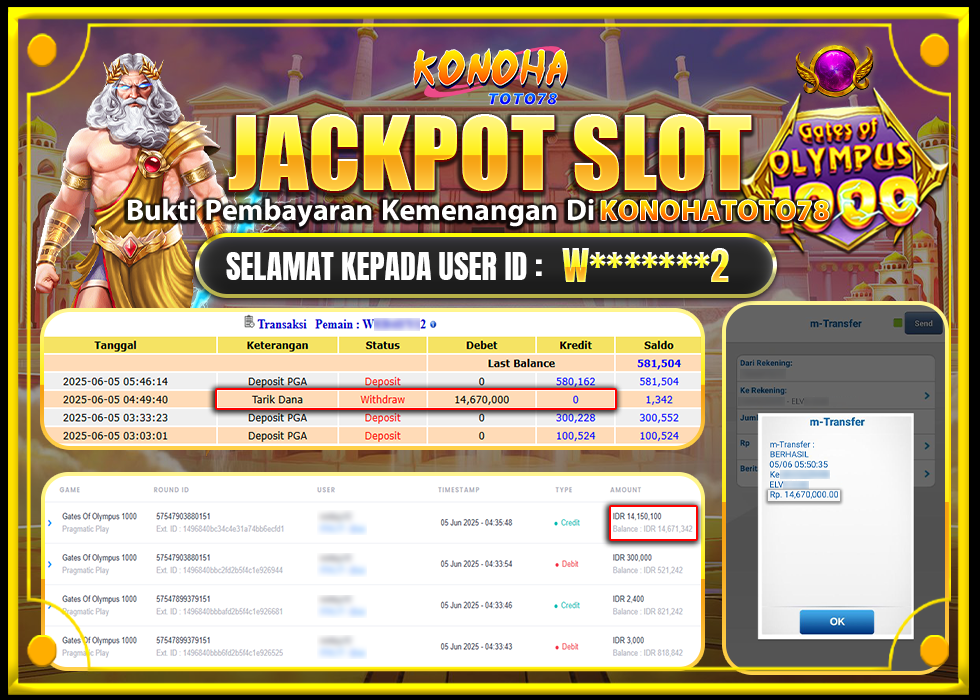 KONOHATOTO78 JACKPOT GATES OF OLYMPUS 1000 Rp.14.670.000-LUNAS